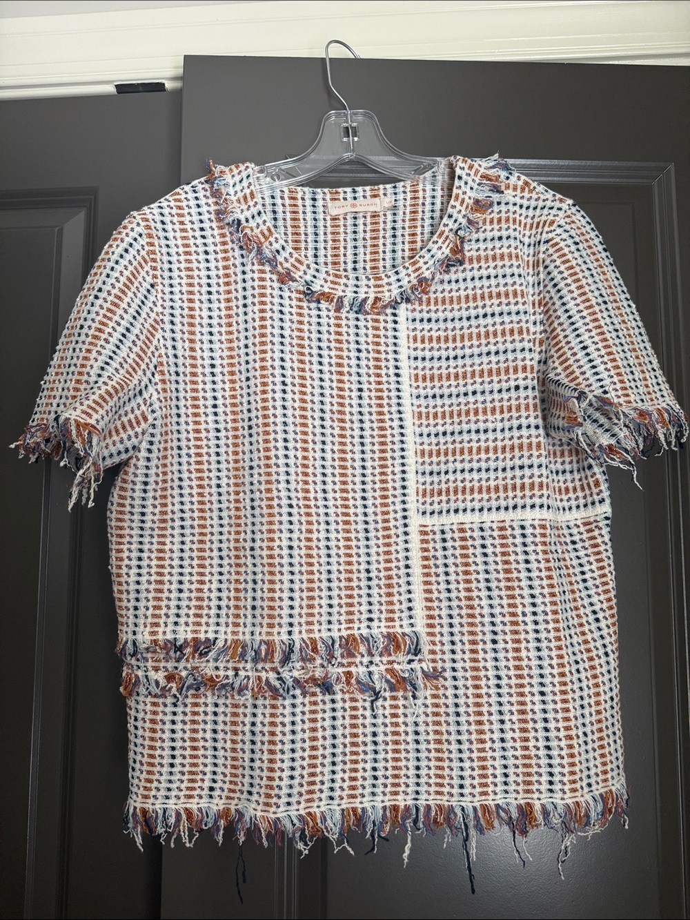 Tory Burch White, Navy & Rust Tweed Fringe Short-Sleeve Top